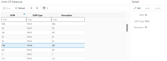 Units of Measure screen