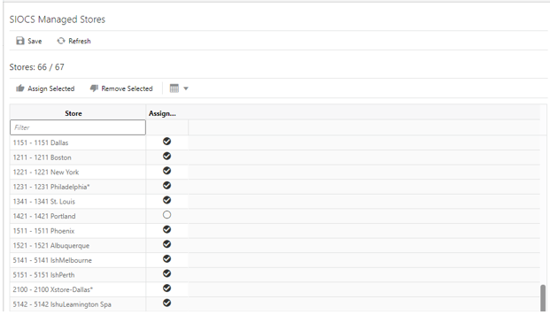 SIOCS Managed Stores screen SIOCS Managed Stores screen