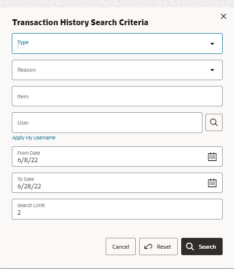 Transaction History Search Criteria