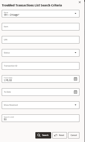 Troubled Transactions List Search Criteria