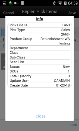 Replenishment Pick Items Info Screen Replenishment Pick Items Info Screen
