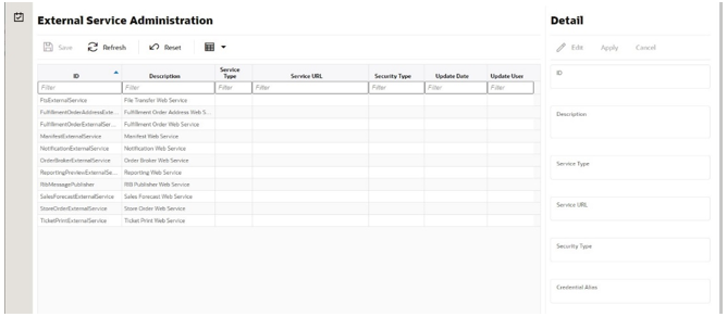 This image shows the External Service Administration screen.