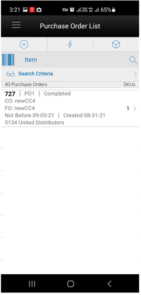 Purchase Order List screen Purchase Order List screen