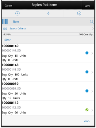 This image shows the Replen Pick Items screen.