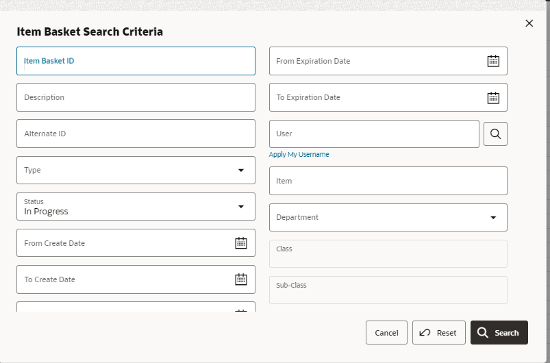 Item Basket Search Criteria Popup