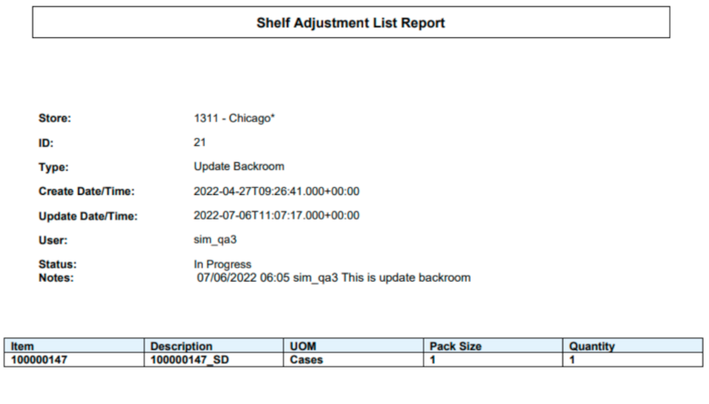 Shelf Adjustment Report