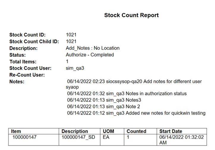 Stock Count Report