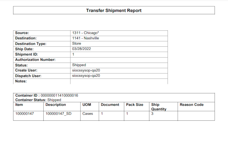 Transfer Shipment Report