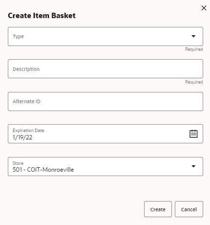 Create Item Basket Popup Create Item Basket Popup