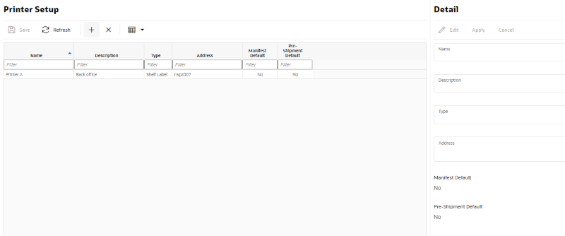 Printer Setup Screen