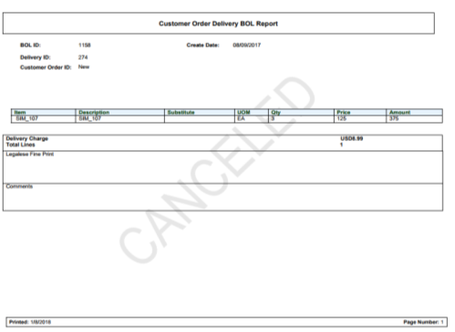 Customer Order Delivery BOL Report Customer Order Delivery BOL Report