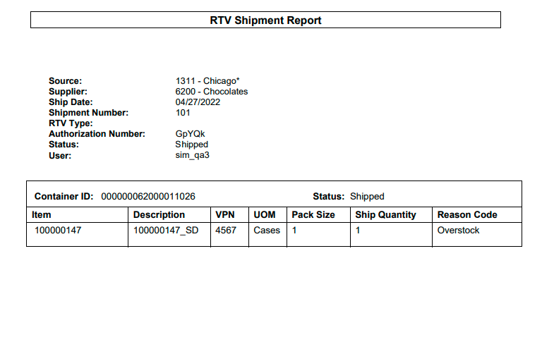 Vendor Shipment Report Vendor Shipment Report