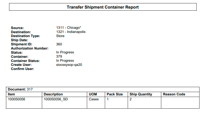 Transfer Shipment Carton Report Transfer Shipment Carton Report