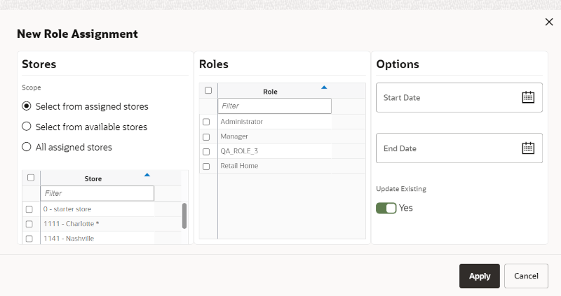 User Detail (Roles - New Role Assignment) Screen