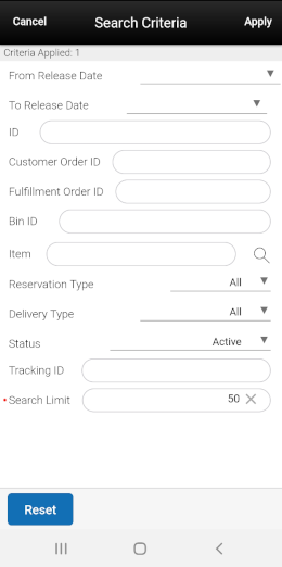 Search Criteria Screen (Customer Orders)