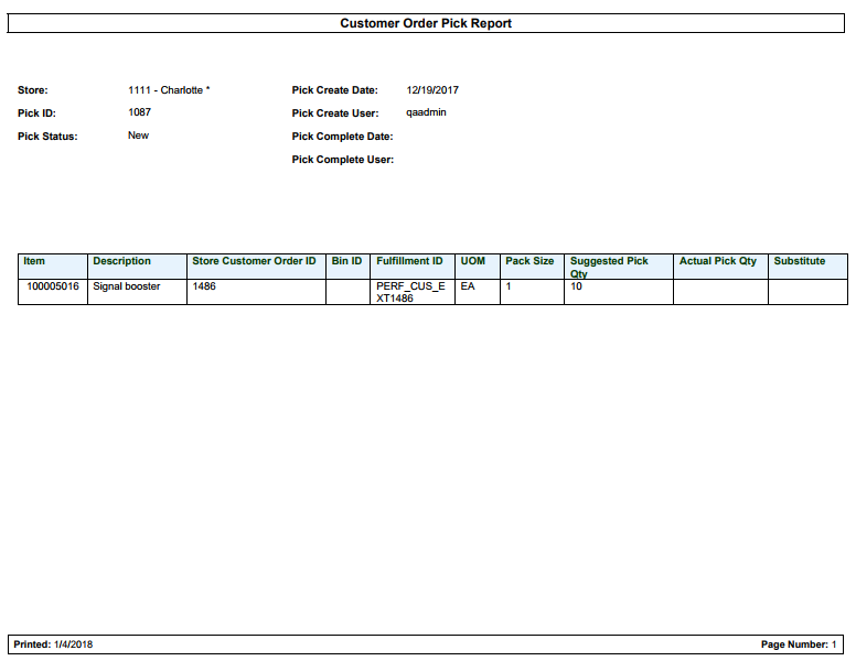 Customer Order Pick Report