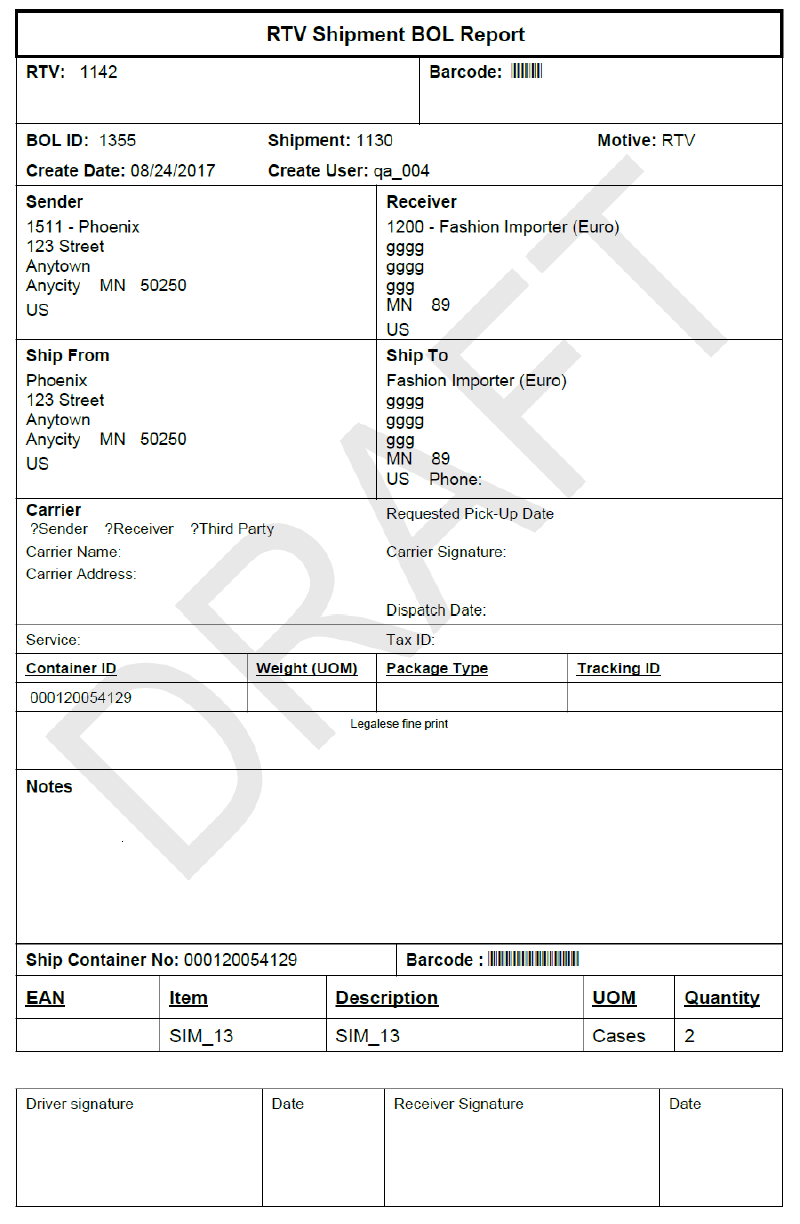 Vendor Shipment BOL Report