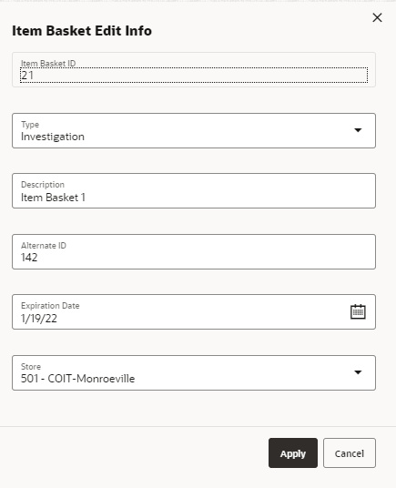 Item Basket Edit Info Popup