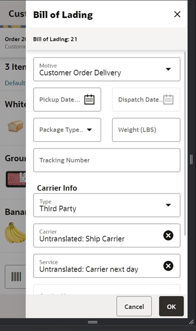 Bill of Lading Screen