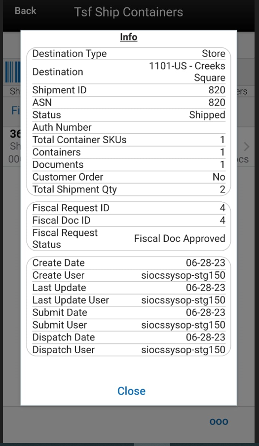 Info (Shipment) Popup