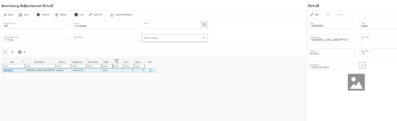 Inventory Adjustment Detail Screen