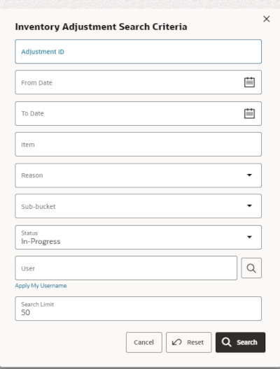 Inventory Adjustment Search Criteria