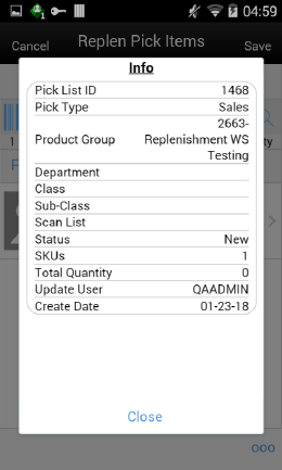 Replenishment Pick Items Info Screen