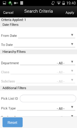 Replenishment List Search Criteria Screen