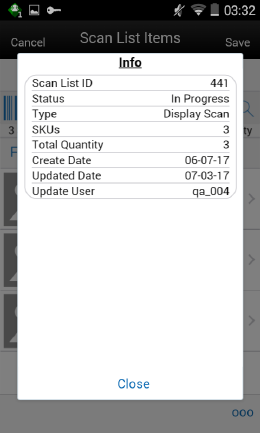 Scan List items Info Screen