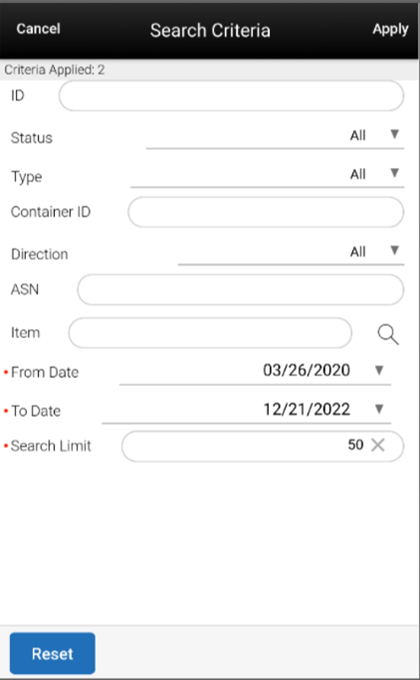 Container Search Criteria Screen