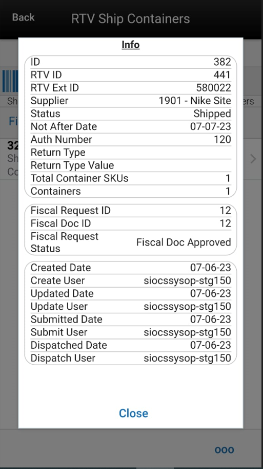 RTV Shipment Info Screen