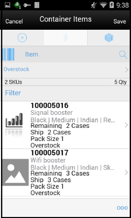 RTV Shipment Container Items Screen