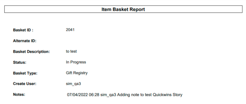Item Basket Report Item Basket Report