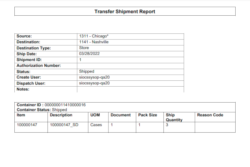 Transfer Shipment Report Transfer Shipment Report