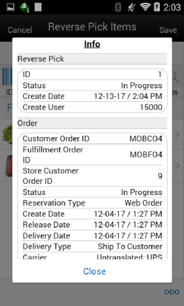 Customer Order Reverse Picks Info Screen