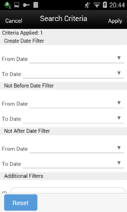 Purchase Order List Search Criteria Screen