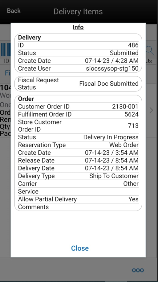 Info (Customer Order Deliveries) Popup
