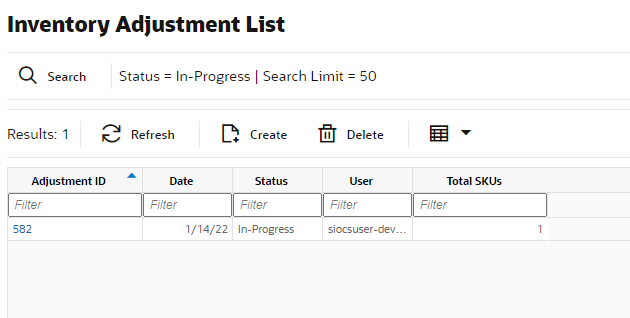 Inventory Adjustment List Screen