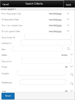 Search Criteria Screen (Store Orders)