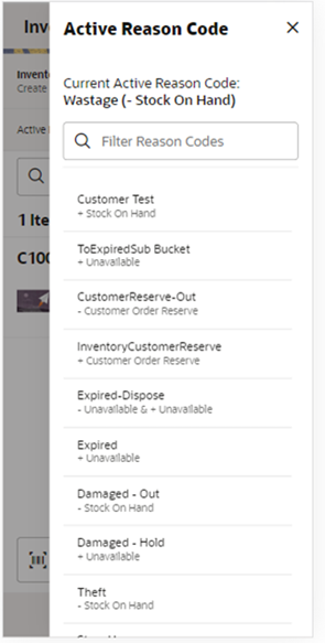 This image shows the Reason Code screen. This image shows the Reason Code screen.