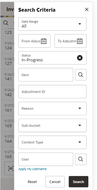 This image shows the Inventory Adjustments Search Criteria screen. This image shows the Inventory Adjustments Search Criteria screen.