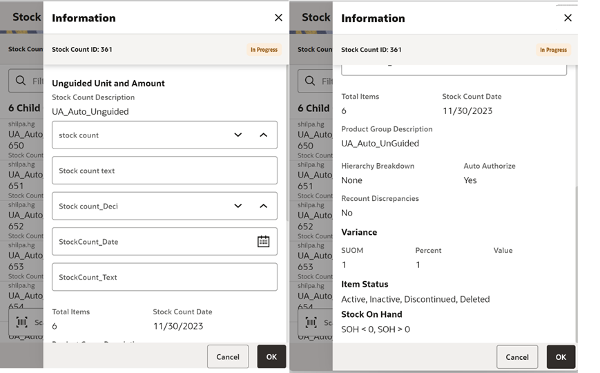 This image shows the Stock Count Information screen. This image shows the Stock Count Information screen.