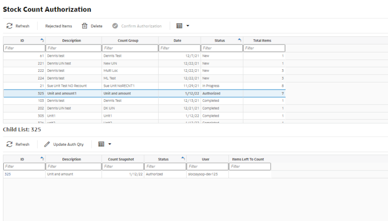 Stock Count Authorization Screen