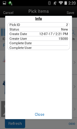 Info Pick Items Screen Info Pick Items Screen