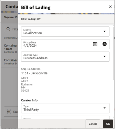 This image shows the Bill of Lading screen.