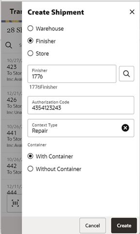 This image shows the Create Shipment to a finisher screen.