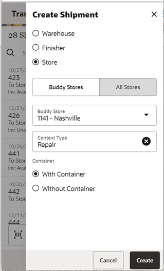 This image shows the Create Shipment to a store screen.