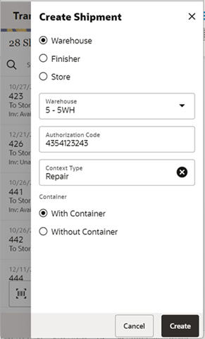 This image shows the Create Shipment to a warehouse screen.