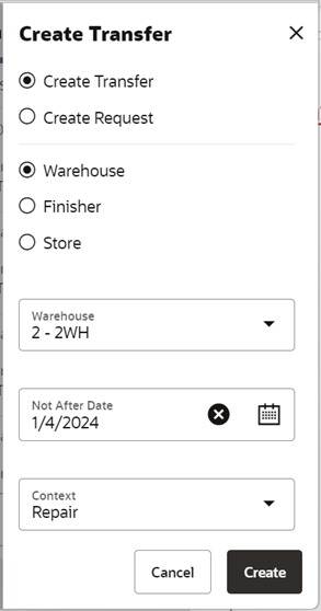 This image shows the Create Transfer popup.