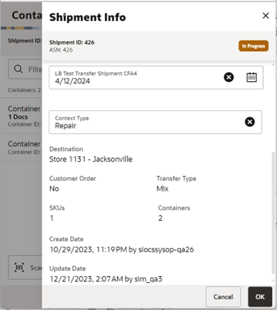This image shows the Shipment Info popup.